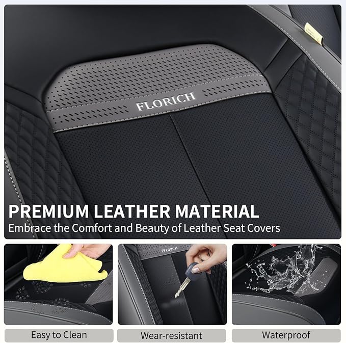 FLORICH Full Set Car Seat Covers 5pcs, Breathable Waterproof Nappa Leather Seat Covers, Gary Seat Covers, Automotive Interior Cover Universal for Cars SUV Truck Sedan - Gary&Black