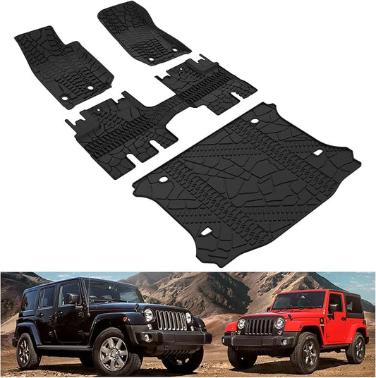 Kiwi Master Floor Mats & Cargo Mat for 2014-2018 Jeep Wrangler JK 4-Door | OEM Replacement 82213860 82213184, All Weather Car Mats, Heavy Duty TPE Floor Liners, Front & Rear & Trunk Mat Set, Black