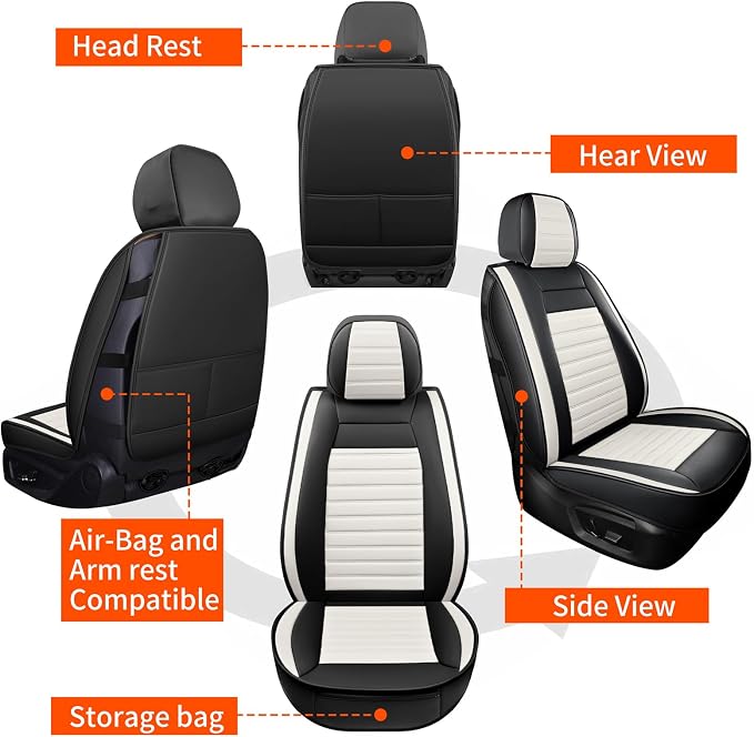 HChengkikz Car Seat Cover, Faux Leather, Waterproof (Black + White) | Breathable, Airbag Compatible, Easy Maintenance, Universal Fit for Most Sedans SUVs Pick-ups Trucks