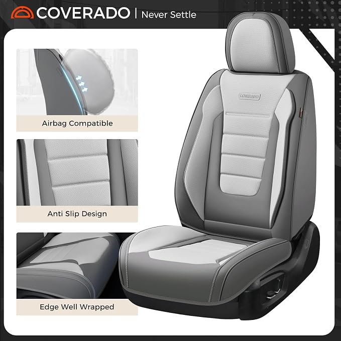 Coverado Car Seat Covers Full Set, Nappa Leather Seat Covers for Cars, Car Seat Protector Car Seat Cushion, Front and Back Seat Protectors Cushions Universal Fit for Most Cars (Gray&Light Gray)