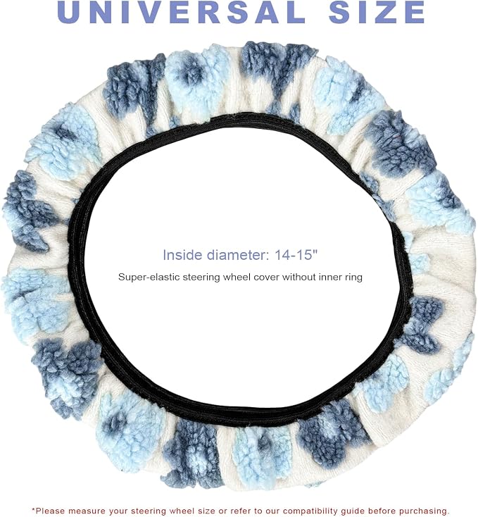 Plush Flowers Steering Wheel Cover, 15 inch Anti-Slip Breathable Steering Wheel Protector Cute Floral Decor, Elastic Soft Wheel Cover Universal Fit for Most Vehicles (Light Blue)