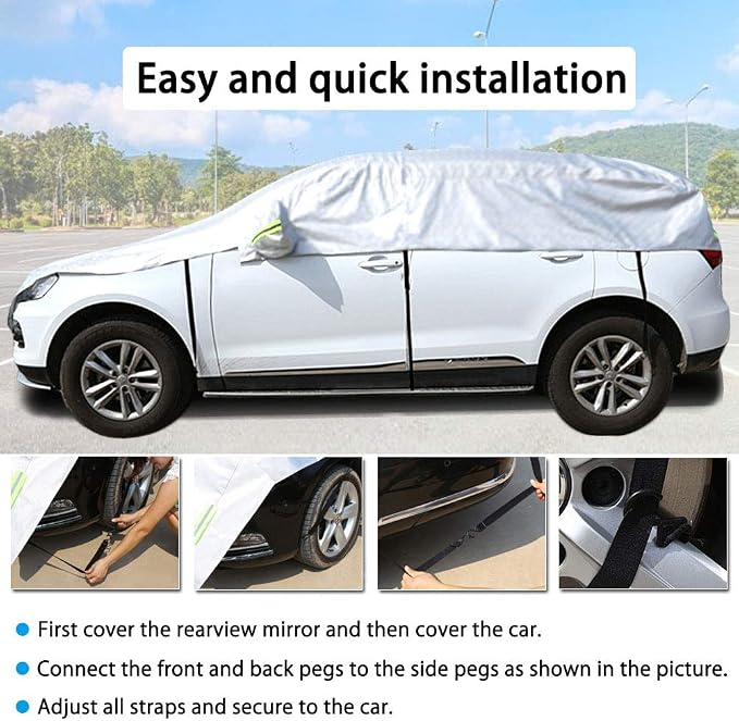 Half Car Cover with Cotton All Weather Car Body Covers Outdoor Indoor for All Season Waterproof Dustproof UV Resistant Snowproof Universal (Fit MPV/SUV Length 184'' to 195''), Silver