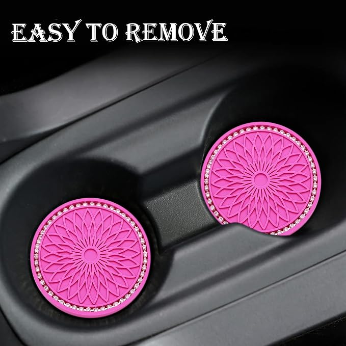 2PCS Bling Car Cup Holder Coasters, 2.75 Inch Silicone Anti-Slip Insert, Bling Shockproof Cup Mat for Women Girls, Universal Fit for Most Vehicles (Rose Red & White)