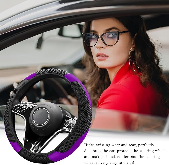 Elastic Stretch Steering Wheel Cover, Warm in Winter and Cool in Summer, Universal 15 inch Microfiber Breathable Ice Silk Anti Slip Car Interior Accessories, Odorless, (Black Purple)
