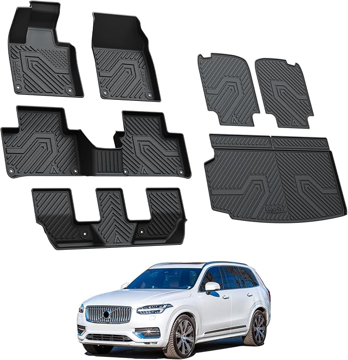 LASFIT Floor Mats for Volvo XC90 2016-2026 T8 7-Seats Only, with Cargo Mat | Not Fit Gas, All Weather Premium TPE Liners, Refined Interior Protection, 1st 2nd 3rd Row Car Mats, Trunk Mat & Backrest Mat
