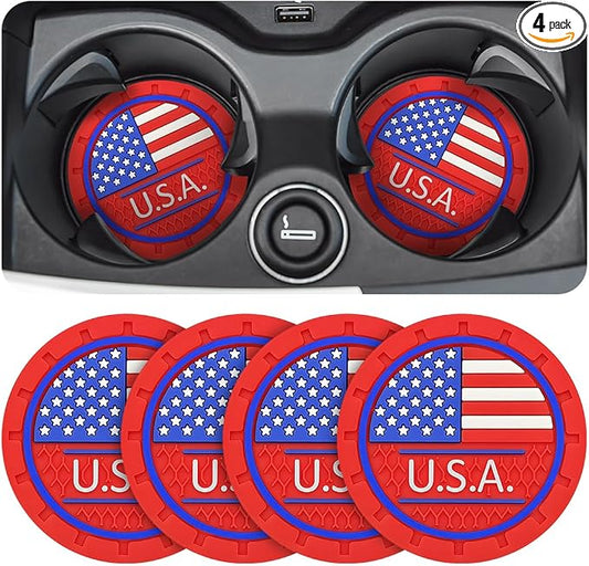 AUCELI 4 Pack Car Cup Holder Coasters, Colored American Flag US Flag Insert Car Cup Coaster, 2.75 Inch Anti Slip Shockproof Embedded Drink Mat, Vehicle Interior Decor Accessories