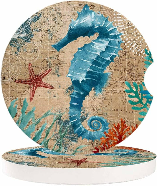 Small Coasters for Cup Holders - Absorbent 2.65" Ceramic Stone Drink Auto Coasters 2 Pack - Nautical Seahorse Design