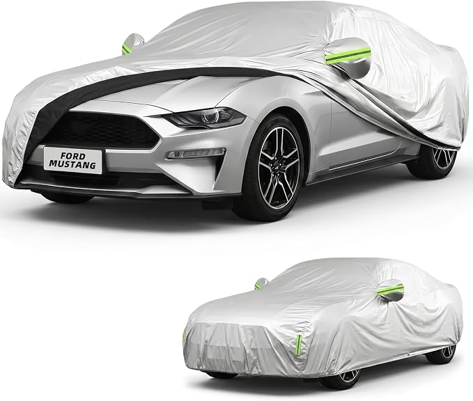 210D Oxford Car Cover Compatible with Ford Mustang, Waterproof Outdoor Full Exterior Coupe Protector, UV Rain Snow Dust, Windproof Straps, Reflective Strips, Silver, 195 x 77 x 59 in