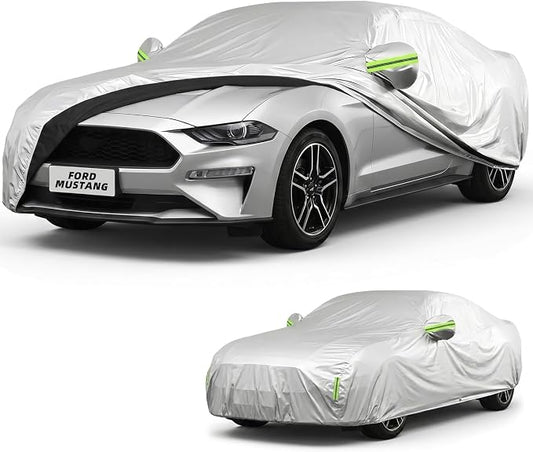 210D Oxford Car Cover Compatible with Ford Mustang, Waterproof Outdoor Full Exterior Coupe Protector, UV Rain Snow Dust, Windproof Straps, Reflective Strips, Silver, 195 x 77 x 59 in