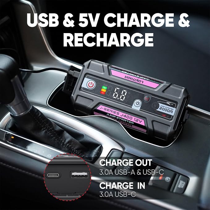 LOKITHOR J400 Jump Starter - 12V 2000A Lithium Battery Jump Pack, Portable Jump Box, Car Starter, Jumper Cables - for Up to 8.0L Gas & 6.0L Diesel Engines | ConnectMax Tech - Smart Digital Display