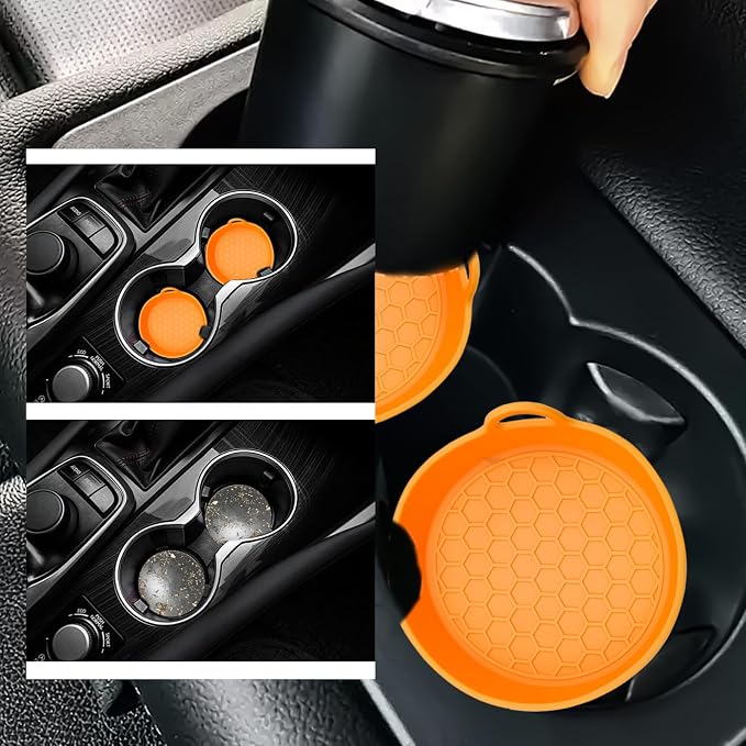 4 Pack Car Cup Holder Coaster, Universal Silicone Non-Slip Insert Pad, Waterproof Spill-Proof Drink Mat for SUV Sedan Truck, Automotive Interior Accessories (Orange)