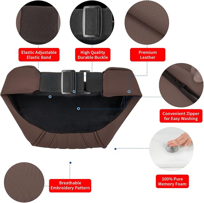 Car Headrest for Driving Memory Foam Neck Pillow with Leather Cover Soft Comfortable Seat Head Pillow Cushion for Most Cars SUV Sedan Home Office Brown 1PC