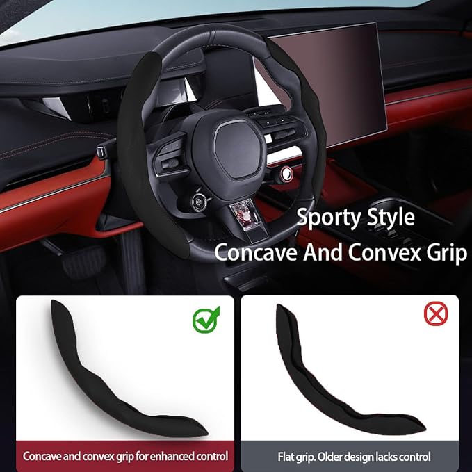 Car Steering Wheel Cover, O/D Shape, Nappa Leather, Segmented, Anti-Slip, Odorless, Breathable, for Men & Women, 14-15inch (Black)