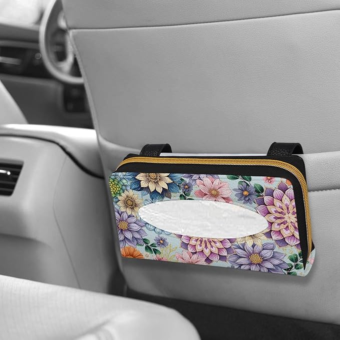 Boho Flower Automotive Visor Tissue Holder PU Leather Tissues Box Cover for Car Tissue Box for Sun Visor & Back Seat