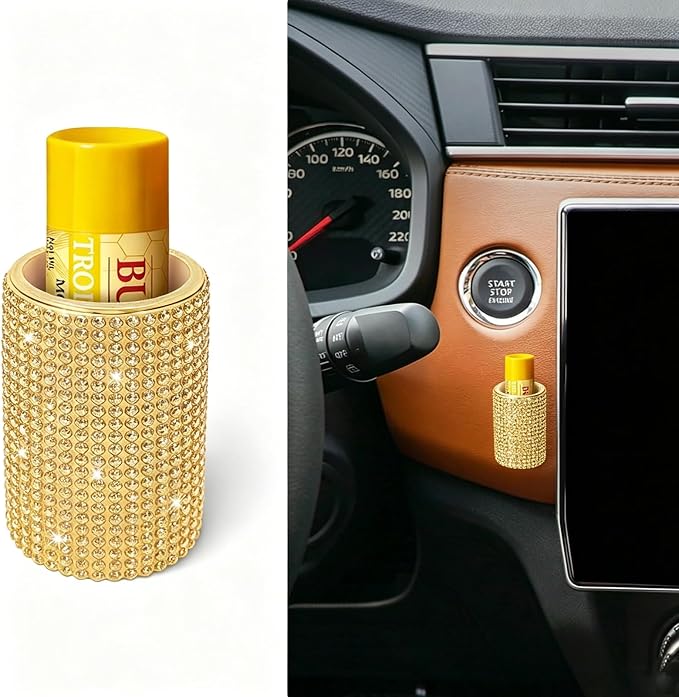 Upright Car Chapstick Holder, Bling Insulating Lip Balm Holder,Rhinestone Car Accessories for Women Interior ,Suitable for Most Vehicles. (Yellow)