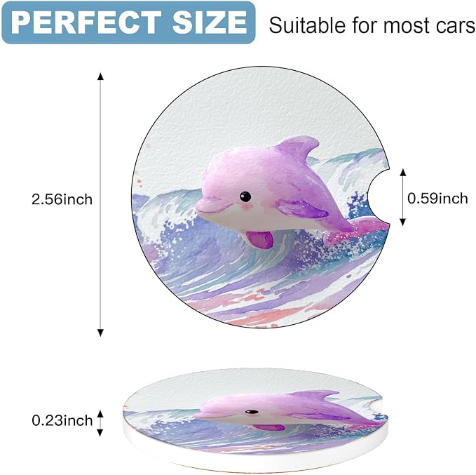 Car Cup Holder Coaster Set of 2, 2.56 in Ceramic Coasters, Scratch-Resistant Cork Backing, Finger Groove Design for Easy Placement, Cute Car Accessories Interior for Women (Purple Dolphin)