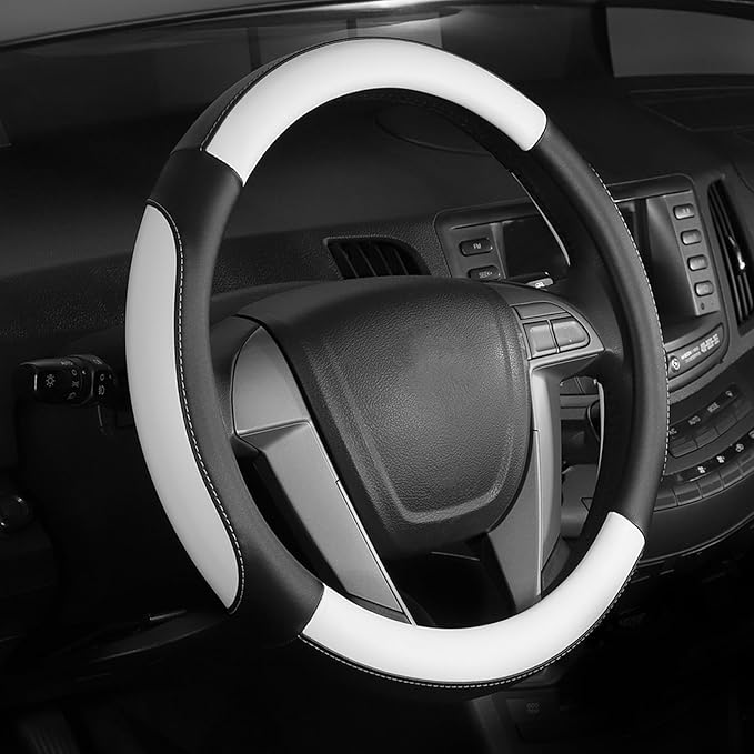 SEG Direct Car Steering Wheel Cover Small Size for Prius Civic Model 3 Model Y Camaro Rogue with 14-14 1/4 inches Outer Diameter, Black and White Mirofiber Leather