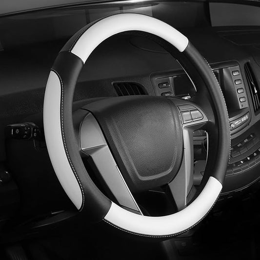 SEG Direct Car Steering Wheel Cover Small Size for Prius Civic Model 3 Model Y Camaro Rogue with 14-14 1/4 inches Outer Diameter, Black and White Mirofiber Leather