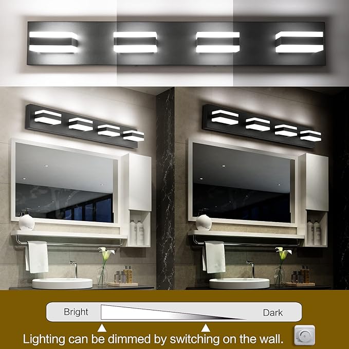 SOLFART Black Bathroom Light Fixtures 4 Lights Bathroom Vanity Light LED Dimmable Matt Black Vanity Lights 32W Cool White 6000K & 0%-100% Brightness Dimmable ETL Listed