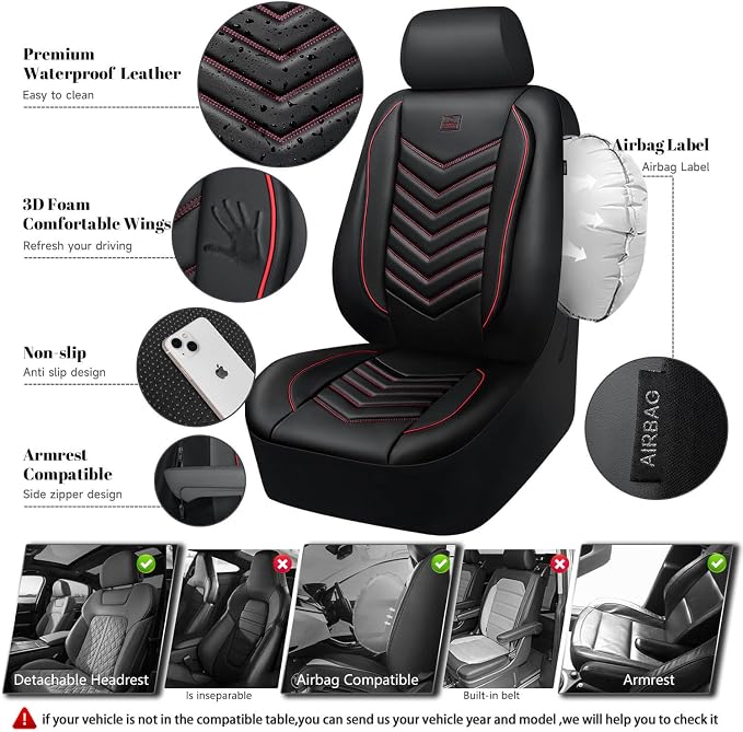 CAR PASS 3D Foam Faux Leather Seat Covers Full Set, Red Waterproof Leather Seat Cover for Cars,Luxury Universal Fit for SUV Truck Sedan Automotive,Armrest Airbag Compatible Anti-Slip,Black and Red