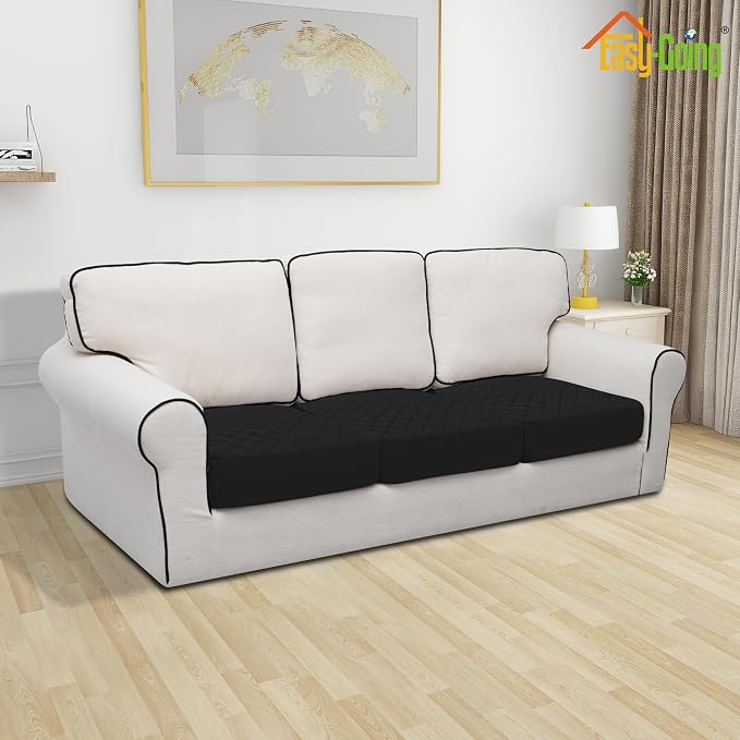 Easy-Going Waterproof Couch Cushion Covers, Non-Slip Leakproof Sofa Seat Cushion Slipcovers, Quilted and Stretch Furniture Protector for Dogs, Pets (3-Piece Sofa Cushion, Black)