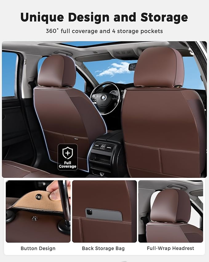 Huidasource Coffee Seat Covers Full Set, Universal Fit for Most Cars Trucks SUV, Full Coverage Leather Seat Cover, Airbag, Cupholder Compatible, Velcro Adjustable, Heaating/Cooling Function Retain