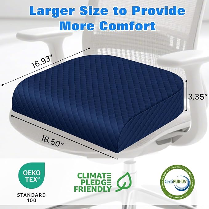 Seat Cushion for Office Chair, Memory Foam Chair Cushions, Car Seat Cushion for Long Sitting, Desk Chair Cushion for Pressure Relief, Non-Slip Bottom, Washable Cover, X-Large, Blue
