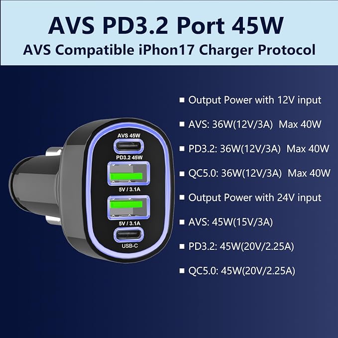 USB C Car Charger Adapter, PD 3.2 QC 5.0 Fast Charging, 4-Port Multi Car Phone Charger Compatible with iPhone 17 16 14 13 Pro Max, Galaxy S25 24 Ultra