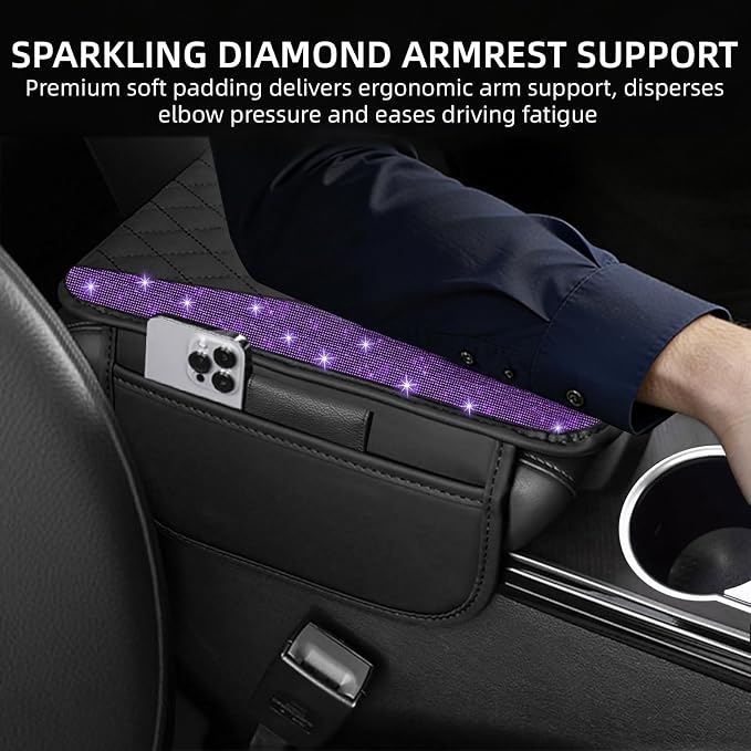 NBTEPEM Bling Purple Car Center Console Cover, Leather Middle Console Cover with 2 Storage Bags, Universal Arm Rest Cover, Bling Car Accessories Interior Fit for Most Vehicles, Purple Diamond