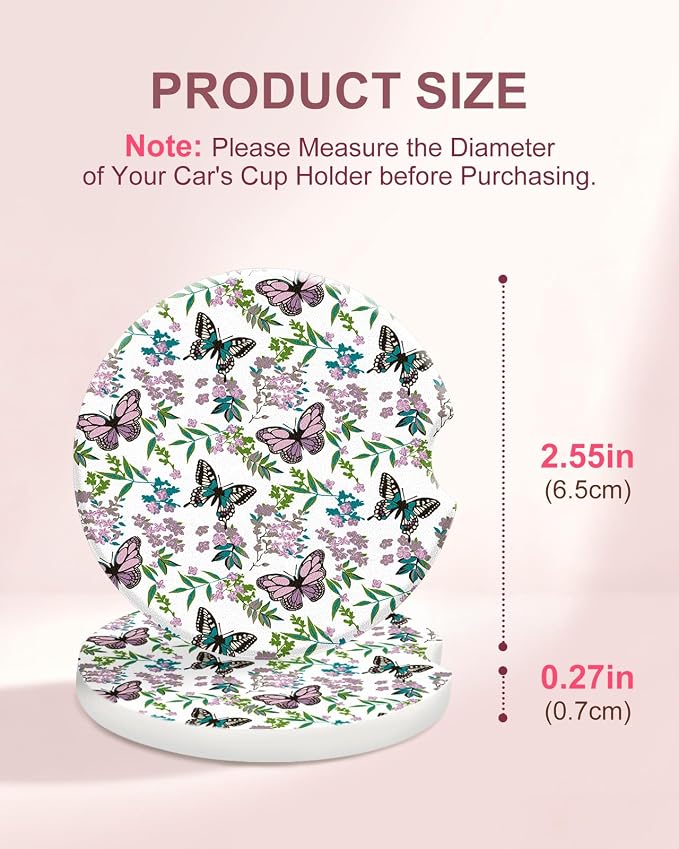 Swooflia Floral Absorbent Ceramic Car Coasters Set of 2, Cute Botanical Wildflower Cup Holder Coasters for Car, Purple Butterfly Flower Car Accessories for Women, Unique Gifts for Mom, Friends