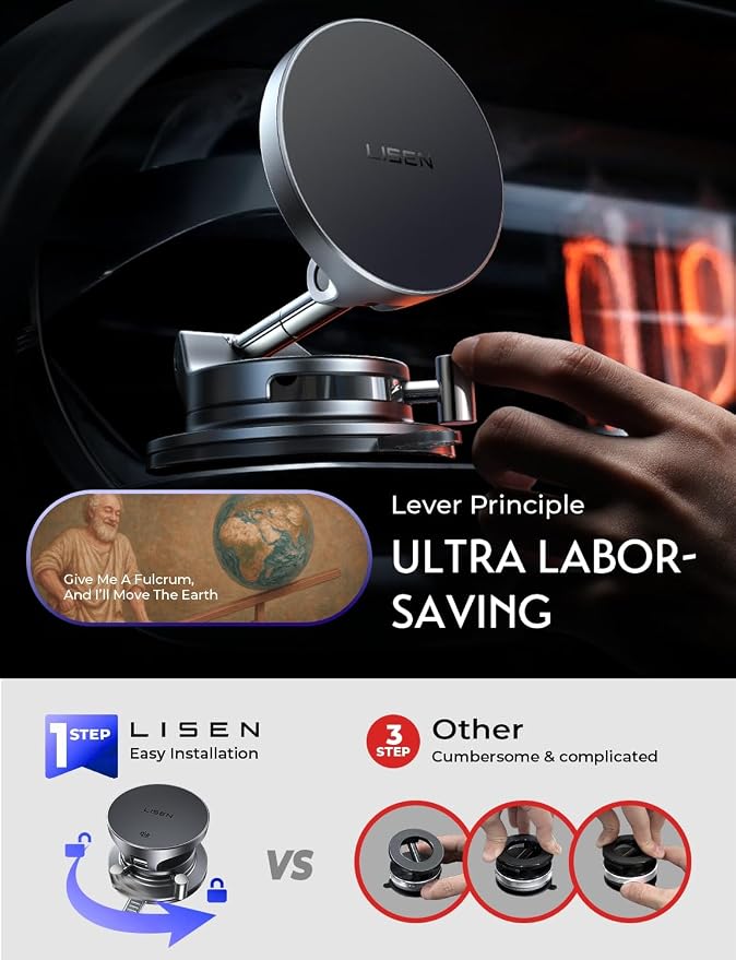 LISEN for 15W Magsafe Car Mount Charger, Magnetic Phone Holders for Your Car, Magnetic Wireless Car Charger, Suction Phone Mount for Car Accessories, Car Mount for iPhone 17 Pro Max 16 15 14 13 12 | [Lever Lock & Easiest Mount] Magsafe Car Mount Charge...
