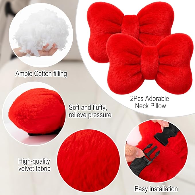 Macarrie 2 Pcs Red Car Neck Pillow Imitation Rabbit Fur Bow Pillow | Soft Comfortable Seat Headrest Support, Cute Bow Car Accessories, Driving Travel Driver Chair Girl Interior Decor, Solid