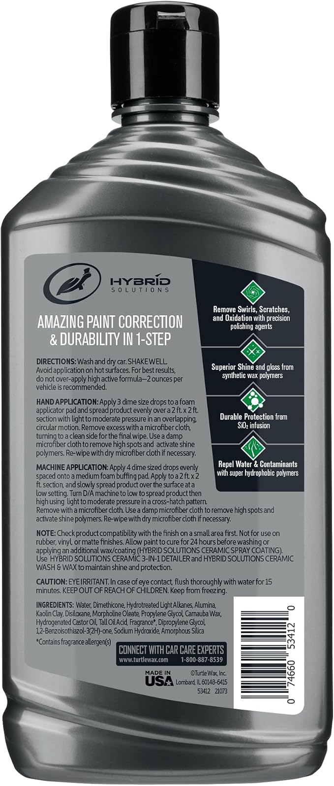 Turtle Wax Hybrid Solutions Ceramic Car Polish and Wax, Light Scratch Remover, Durable Paint Protection, Extreme Water Beading, High Gloss Shine, Hand or Machine Polisher Use, 14 oz (Pack of 3)