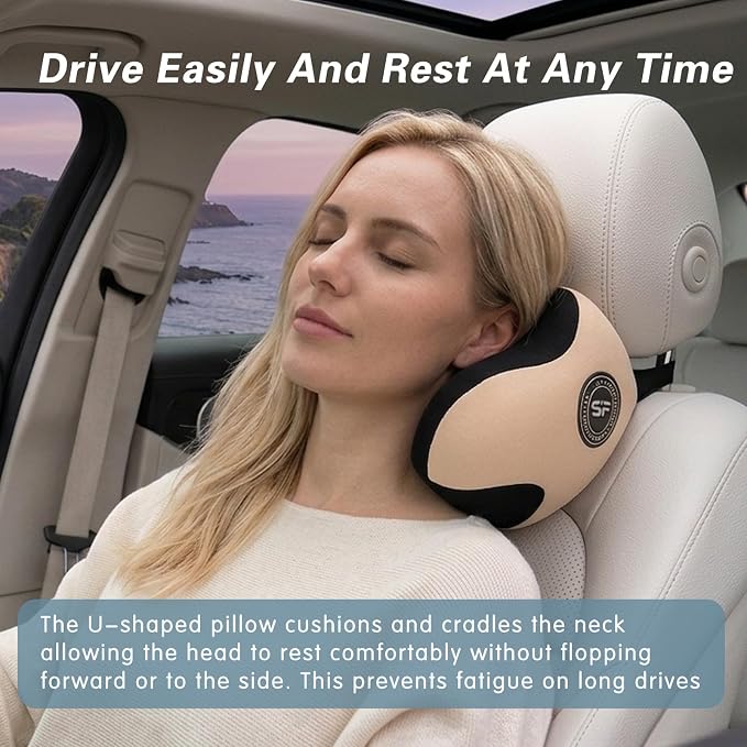 Unique U-Shaped Car Headrest Pillow, Headrest Pillow for Long Rrips, Beige | Adjustable Strap, Memory Foam & Removable Cover, Ergonomic Design Neck Support - Extreme Comfort Car Pillow for Pain Relief