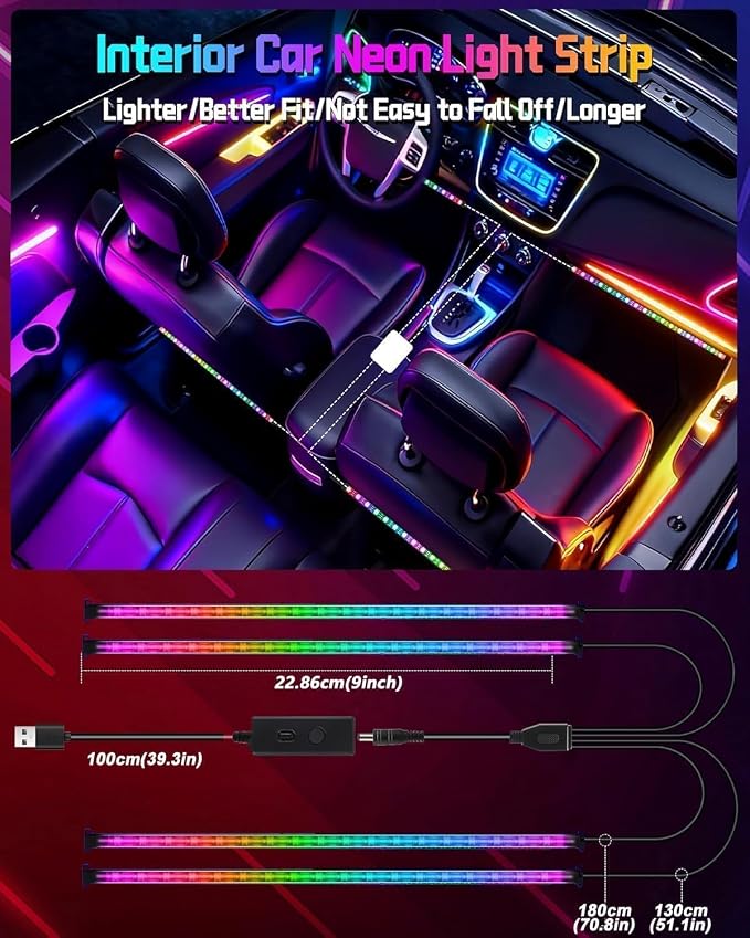 Dreamcolor RGB+IC 72 LED Interior Car Strip Lights with Smart APP Remote Control, Music Sync Under Dash Footwell Neon Internal Lighting Kit Multicolor,12V LED Strip Lights for Cars, Trucks, SUVs