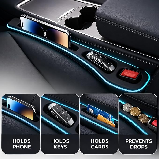 Seat Gap Filler 2 Pack, Car Seat Gap Plug with Storage Slot for Phone & Keys, High-Density Elastic Car Slot Organizer for Most Cars, SUVs, and Trucks - Black
