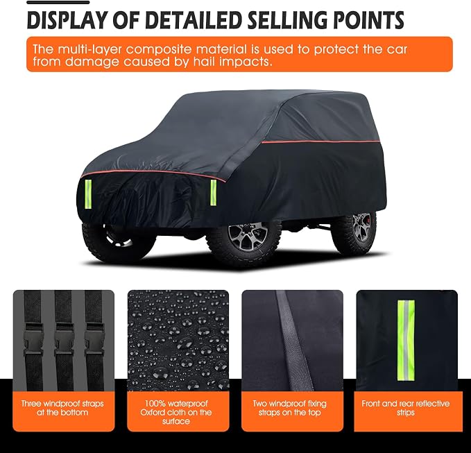 Hail Protector Car Cover, Waterproof Thickened EVA Car Cover for Jeep Wrangler 2 Door 1987-2025 JK JL CJ YJ TJ Outdoor Waterproof Sun Rain Snow Hail Protection with Driver Door Zipper