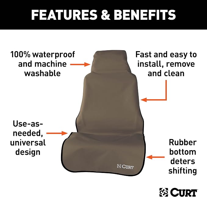 CURT 18502 Seat Defender 58-Inch x 23-Inch Brown Waterproof Universal Bucket Car Seat Cover Protector