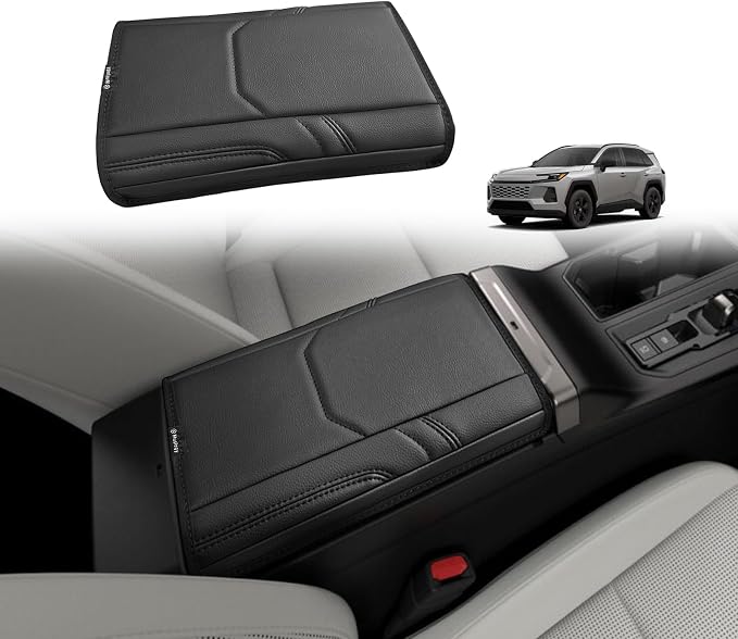 Muslogy Center Console Armrest Cover Compatible with 2026 Toyota RAV4 Accessories Comfort Armrest Pad Cushion Box Lid Cover Vegan Leather Protector Regular Thick(OEM Style)