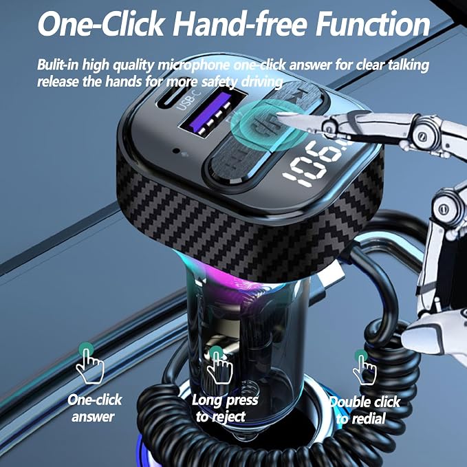 Bluetooth 5.3 FM Transmitter for Car, Bluetooth Car Adapter with Type-C PD(30W) Charger Port and Cable, QC3.0 USB Port, Wireless FM Radio Transmitter, Support Handsfree Calling, Backlit,U Disk, Black