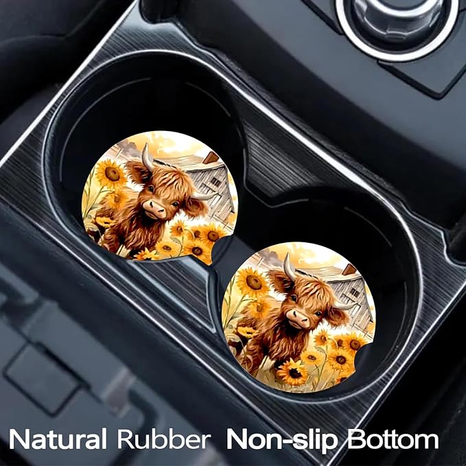 2 Pack Highland Cow Car Cup Holder Coasters,Universal Neoprene Coasters | 2.75" Universal Size Anti Slip Rubber Mat,Auto Cup Holder Accessories for SUV Truck,Cow Print Gifts for Women,Men,Mom