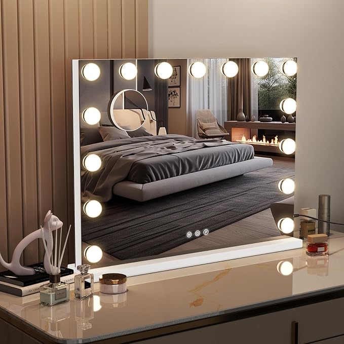 Vanity Mirror with Lights, Bluetooth, 10X Magnifier, 23 x 18 in | 15 LED bulbs, 3 color modes, desk or wall mount, USB charging port