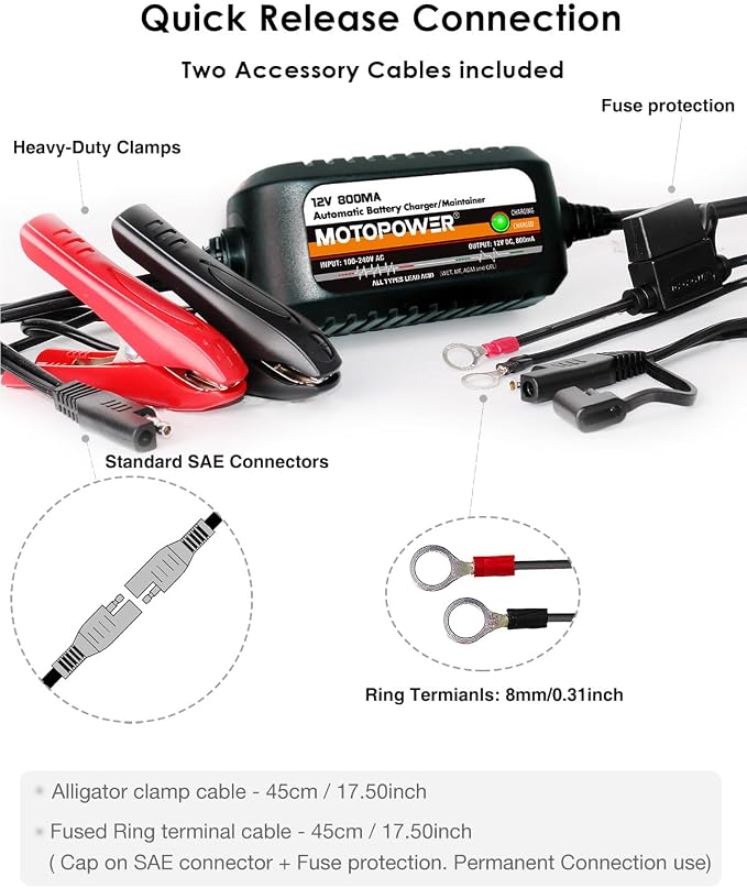 MOTOPOWER MP00205C 12V 800mA Automatic Battery Charger, Battery Maintainer, Trickle Charger, and Battery Desulfator