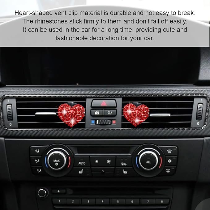 2Pcs Car Air Vent Clip, Bling Crystal Heart Charms Car Air Vent Clips, Air Conditioning Outlet Clip Decorative, Interior Decoration Accessories Universal for Women and Man (Red)