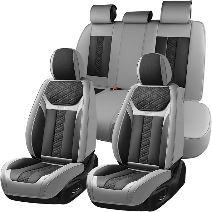 FLORICH Seat Covers, Atomutive Car Seat Covers Full Sets, Waterproof Seat Cover for Cars, Luxury Leather Universal Seat Cover Accessories Fit for Most Cars SUV Truck Sedans(Grey)