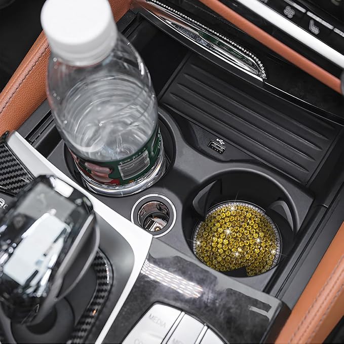 Bling Car Cup Holder Coaster, 2PCS 2.75 Inch Crystal Rhinestone Anti Slip Vehicle Drink Cup Mat for Women Girls, Auto Interior Embedded in Ornaments. Universal for SUV RV Truck (Yellow)