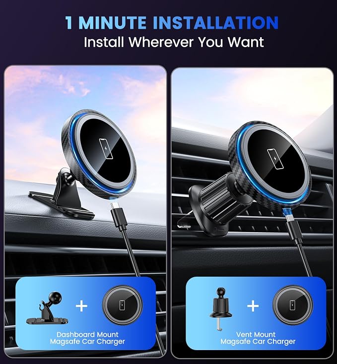 Magnetic Car Charger Mount 15W for iPhone 17-12 Pro Max | N52 Strong Magnets, 360° Rotation, Dashboard & Vent Mount, Compatible with Magnetic Cases, Gift for Men, Black