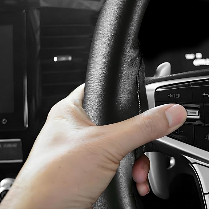 Genuine Leather Steering Wheel Cover, 15 Inch Stitch on Wheel Wrap with Needles & Threads, Breathable Steering Wheel Protector DIY Sewing Wrap for Car Truck SUV (Black, Glossy)