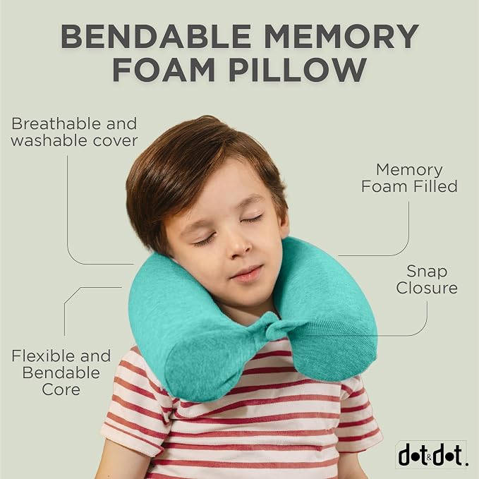 Dot&Dot Twist Memory Foam Kids Travel Pillow, Bendable Neck Pillow for Airplane, Car and Home, 23-Inch Adjustable Roll with Washable Cotton Cover, Green