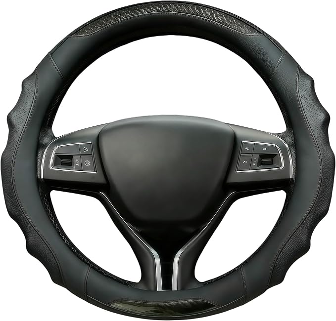 Leather Car Steering Wheel Cover, 14.5-15Inch Anti-Slip Steering Wheel Cover, Universal for Cars Truck SUV, Car Accessories (Black - Black line)